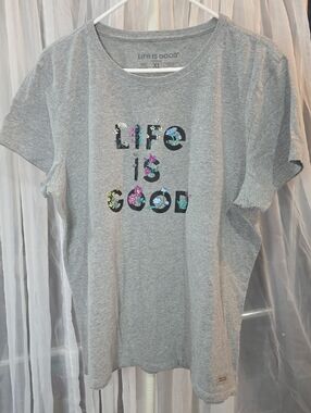 #230 Life Is Good Heather Gray Tee with Colorful Floral Logo